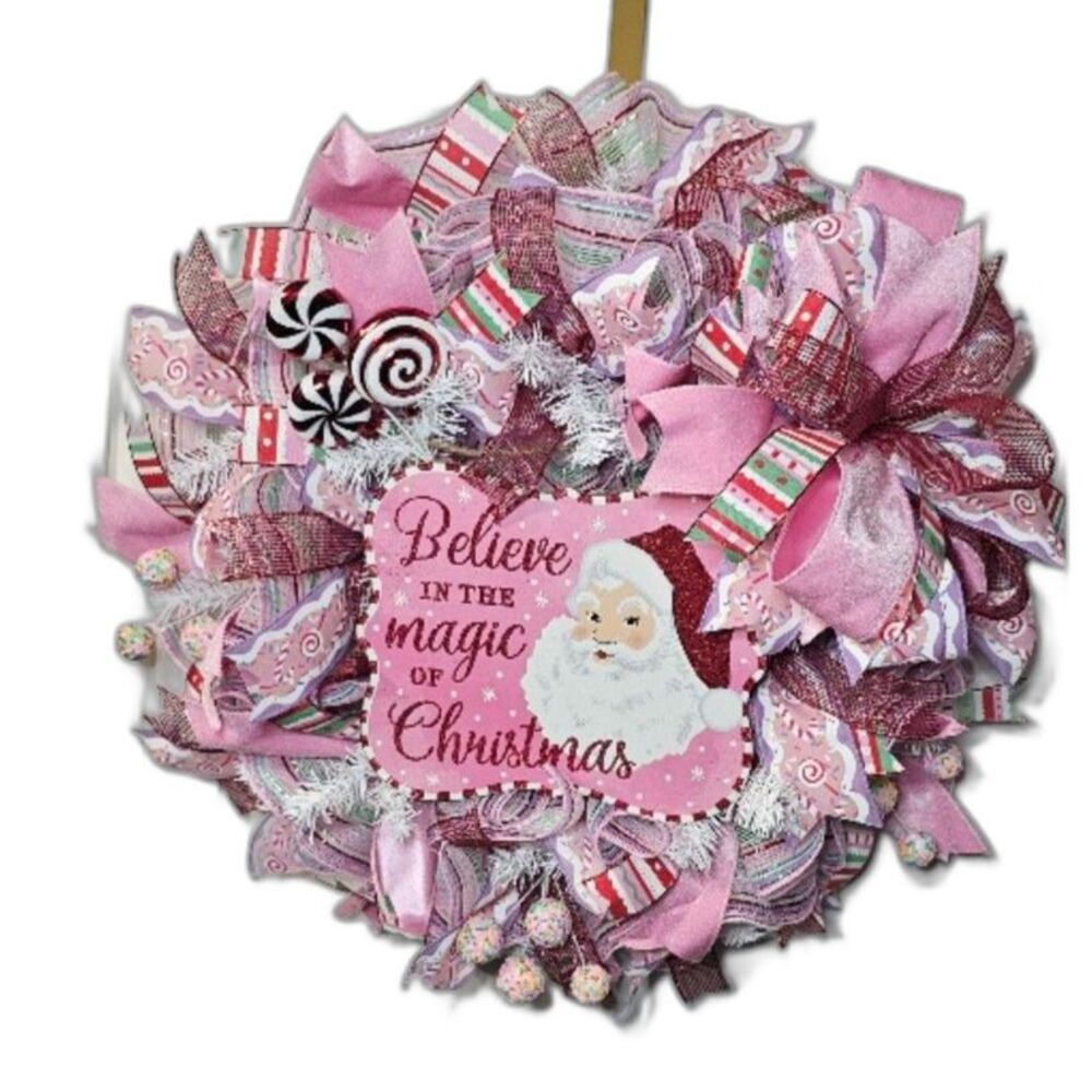 Pink "Believe in the Magic of Christmas" Vintage Santa Deco Mesh Wreath